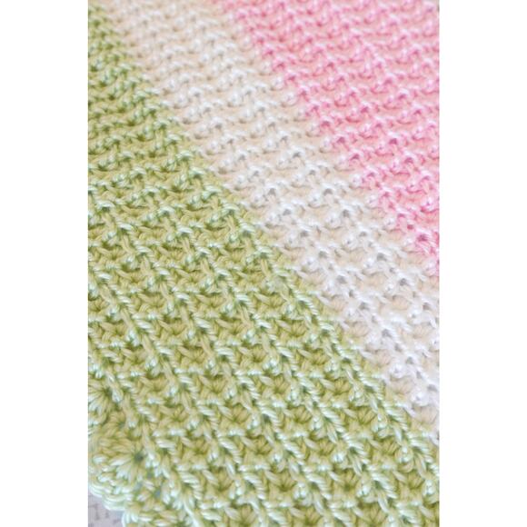 Pink Dawn PINK/SAGE/CREAM Crochet Baby Afghan Blanket, Soft Silky Yarn - Picture 4 of 12